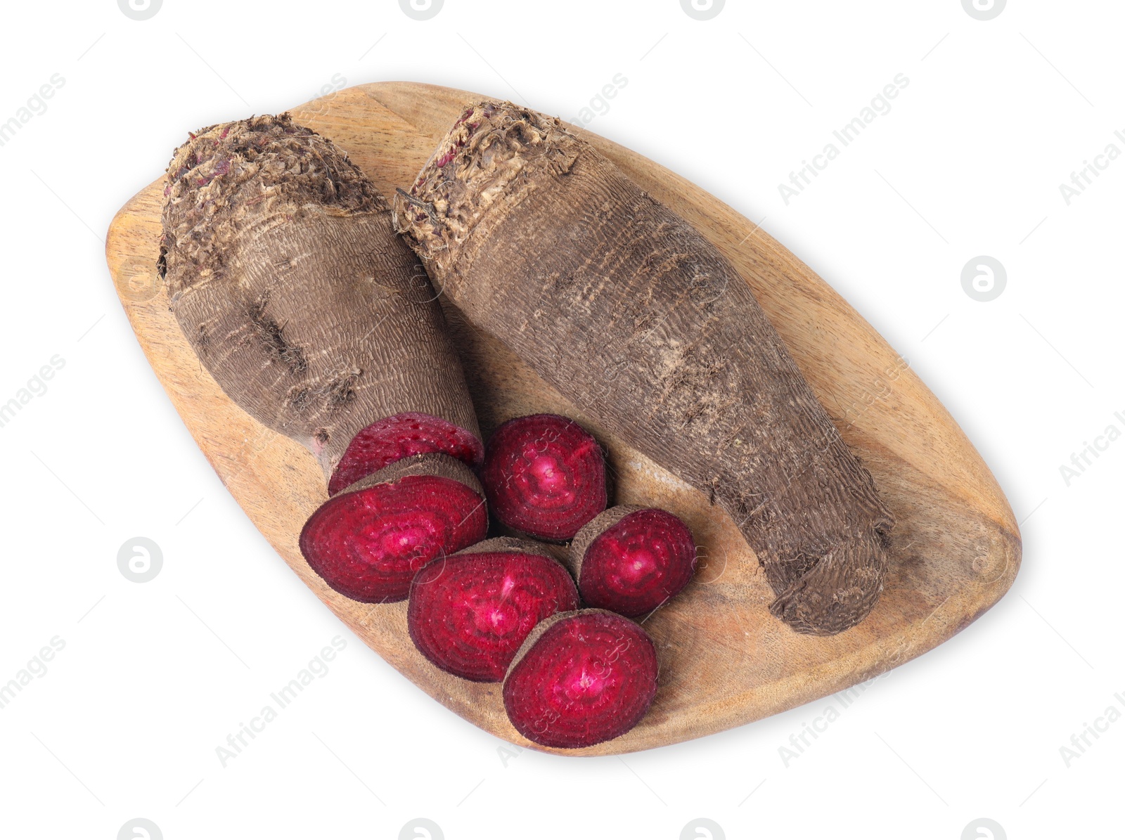 Photo of Whole and cut beets isolated on white, top view