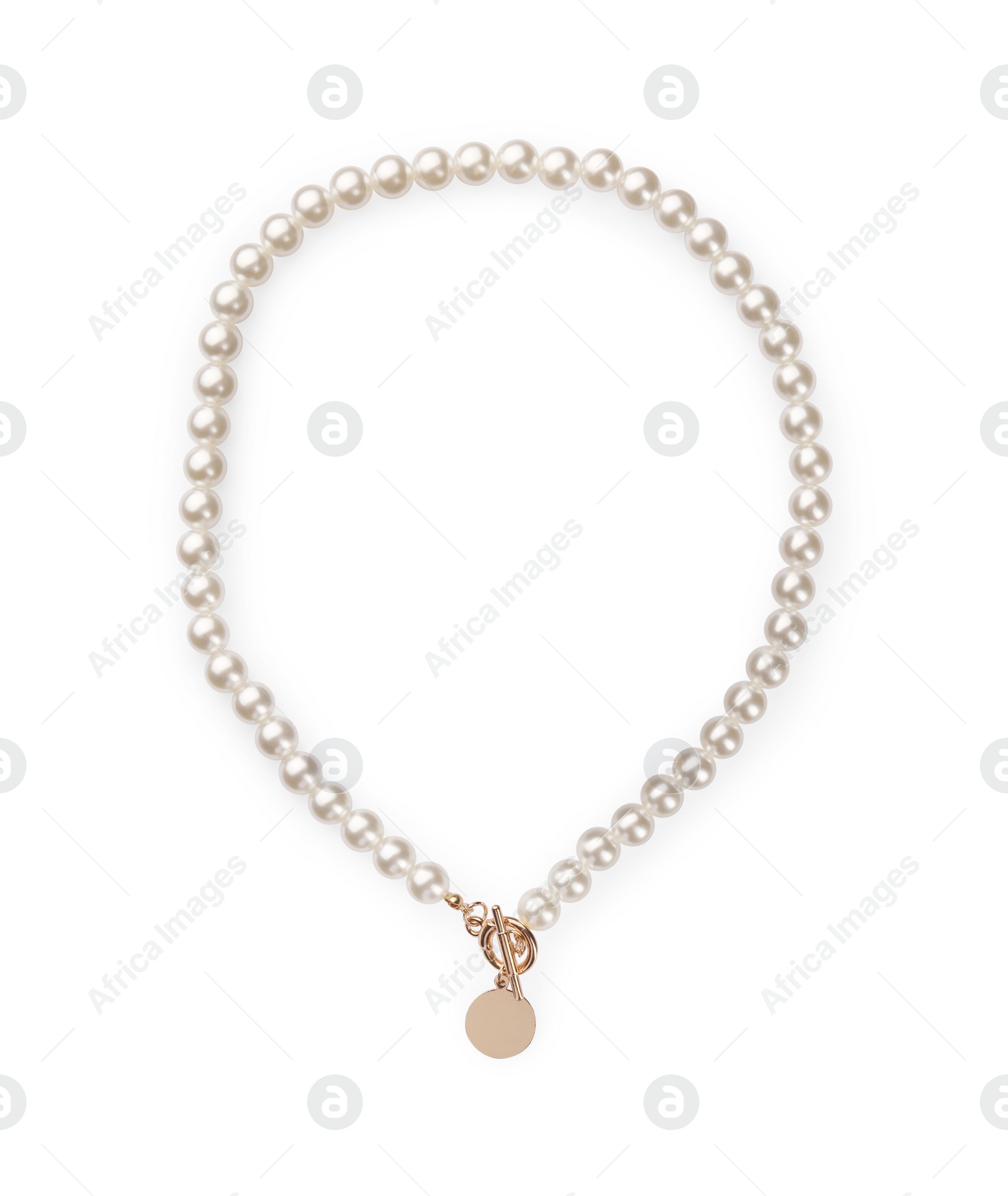 Photo of Elegant pearl necklace isolated on white, top view