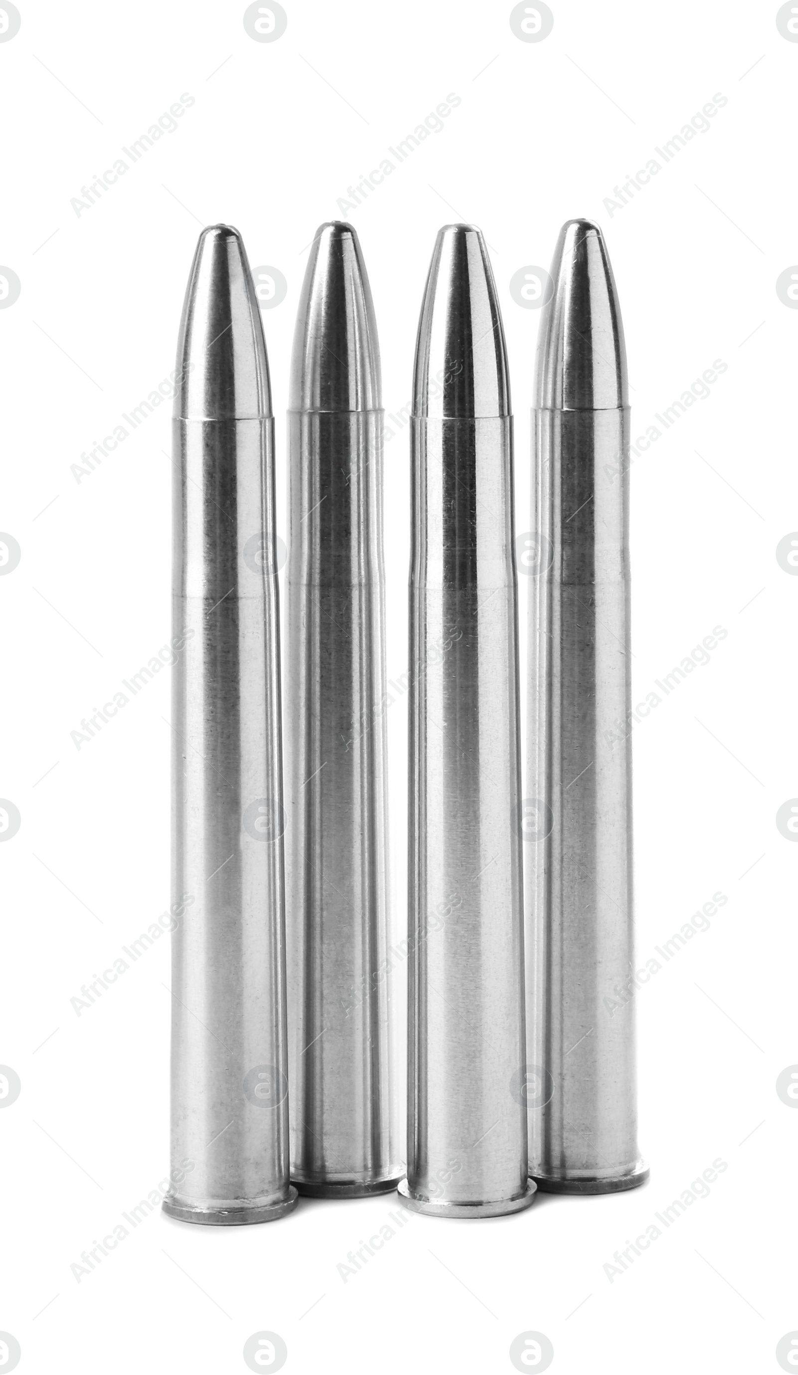 Photo of Metal bullets isolated on white. Military ammunition