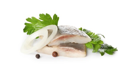 Photo of Delicious salted herring slices with onion rings, peppercorns and parsley on white background