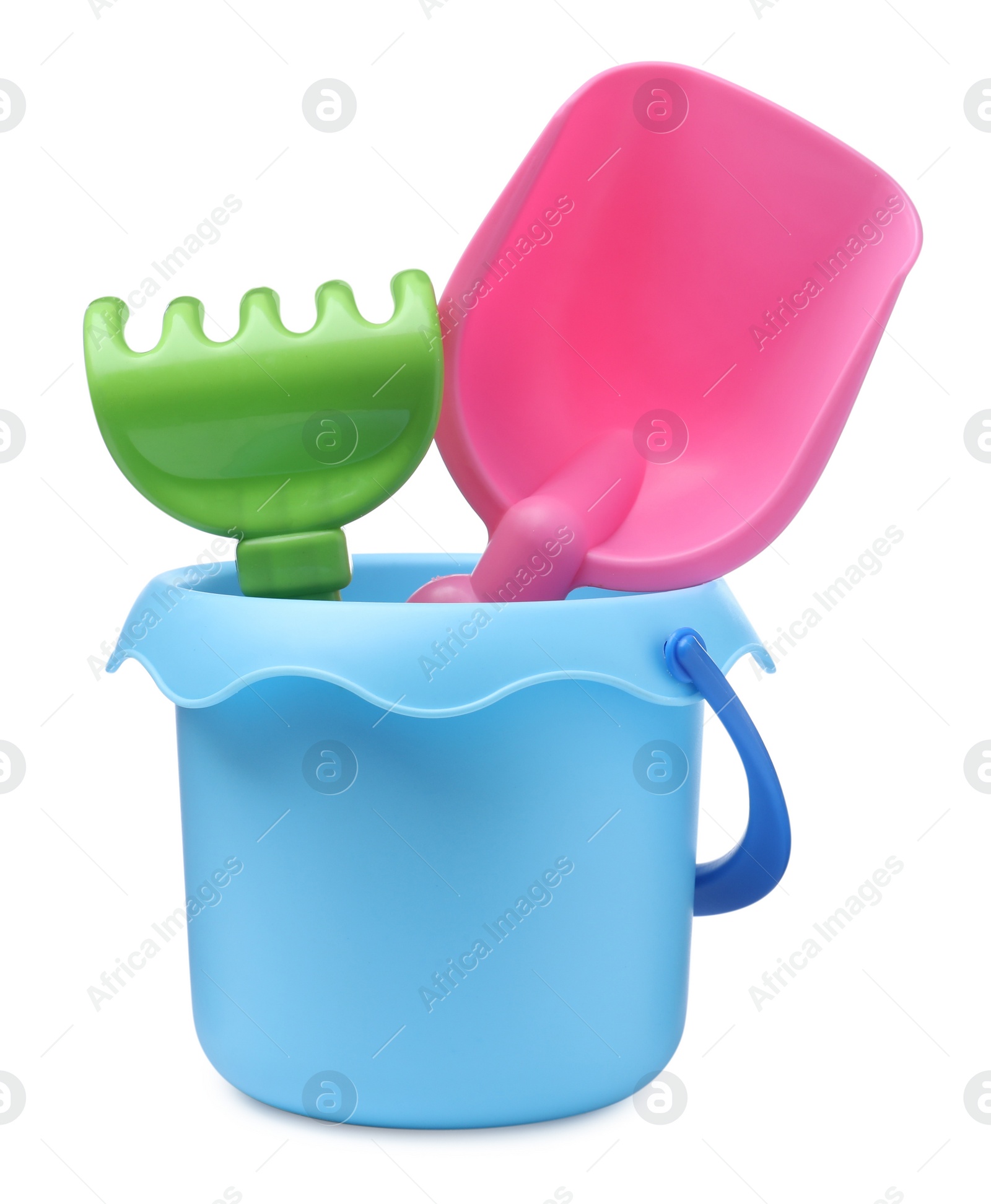Photo of Plastic toy bucket with shovel and rake on white background