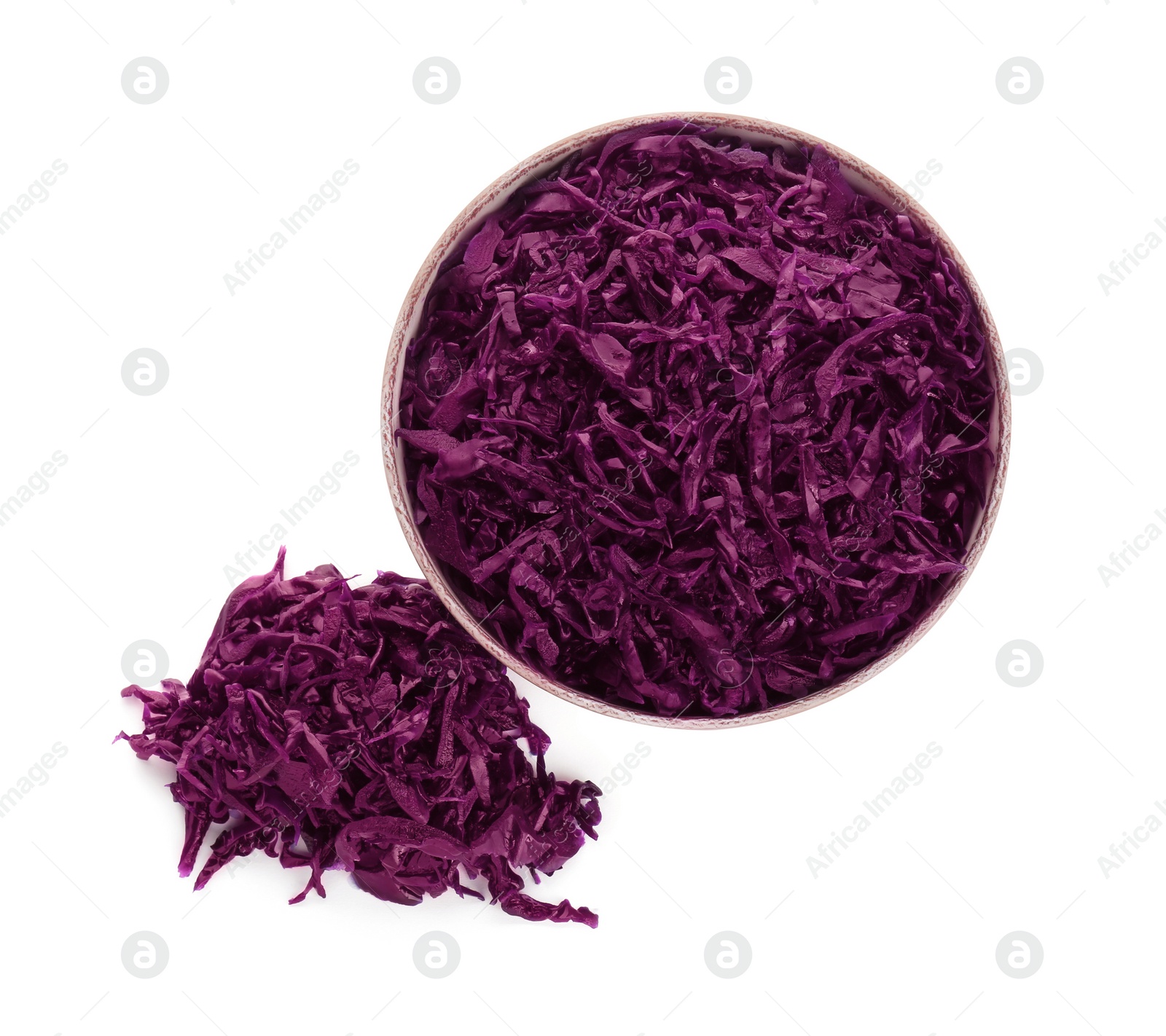 Photo of Bowl with tasty red cabbage sauerkraut on white background, top view