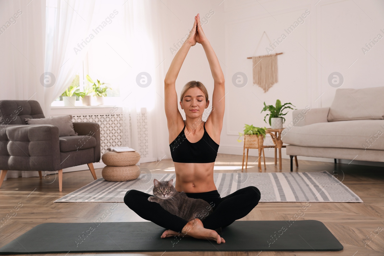 Photo of Beautiful woman with cat practicing yoga at home