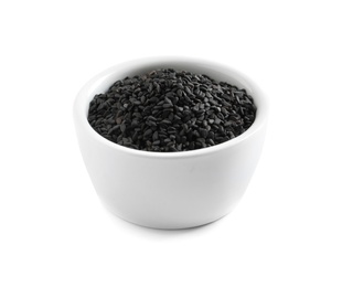 Black sesame seeds in bowl on white background. Delicious sauce condiment