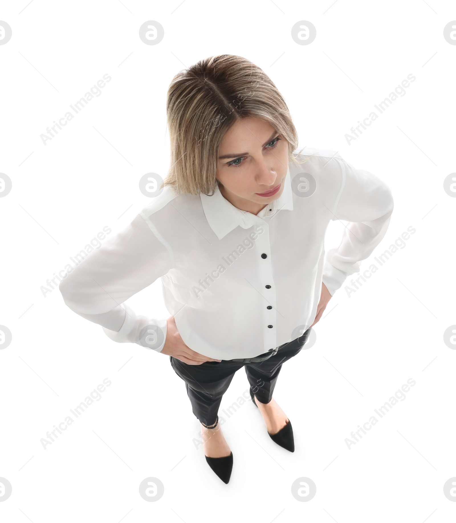 Photo of Young woman on white background, above view