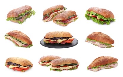 Image of Collage with different delicious sandwiches on white background
