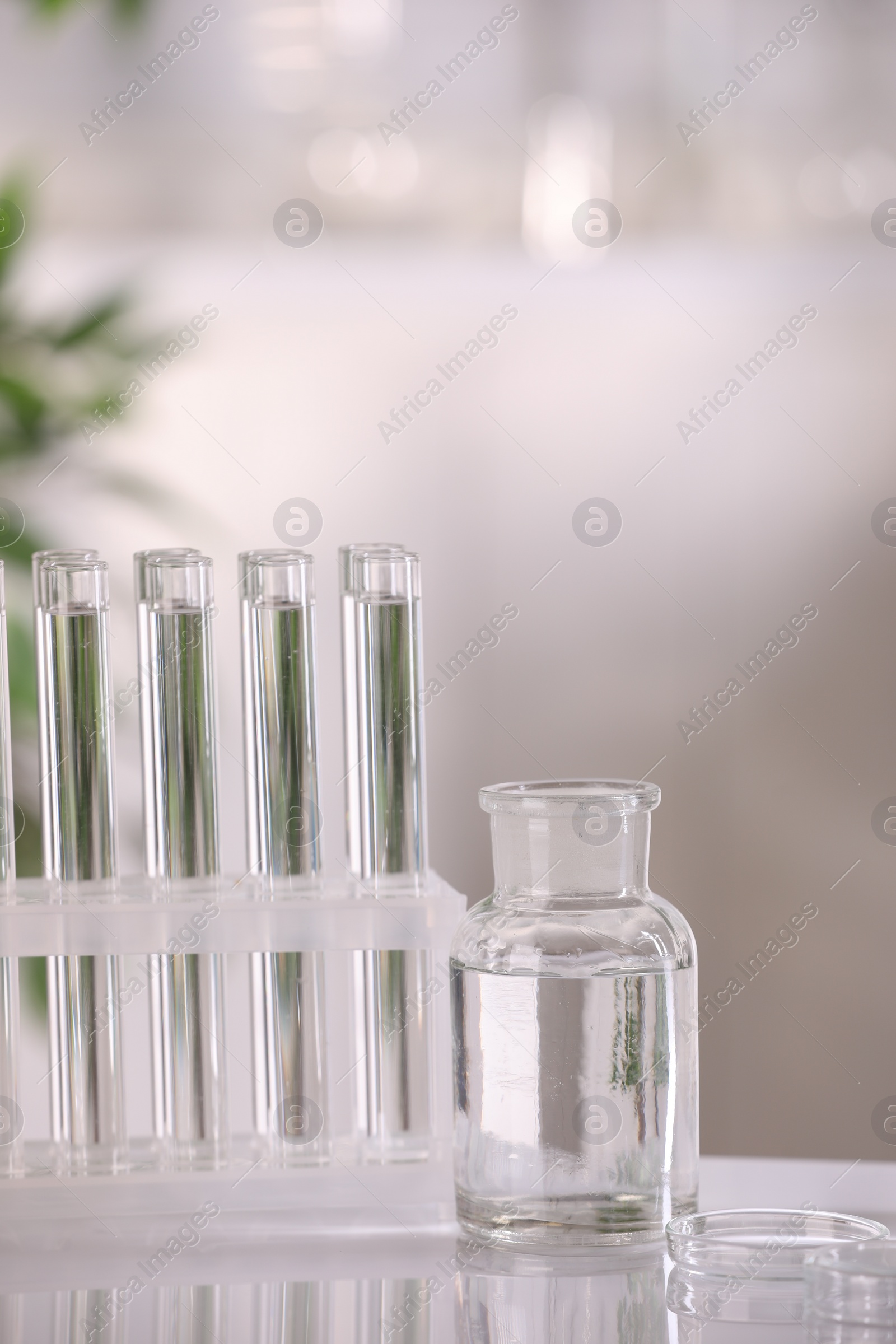 Photo of Laboratory analysis. Different glassware with liquid on white table indoors, space for text