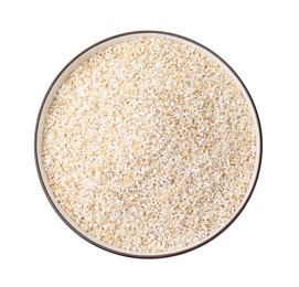 Photo of Raw barley groats in bowl isolated on white, top view