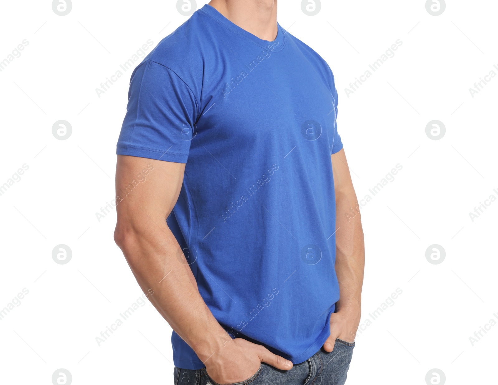 Photo of Man wearing blue t-shirt on white background, closeup. Mockup for design