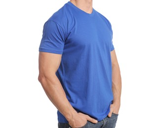 Photo of Man wearing blue t-shirt on white background, closeup. Mockup for design