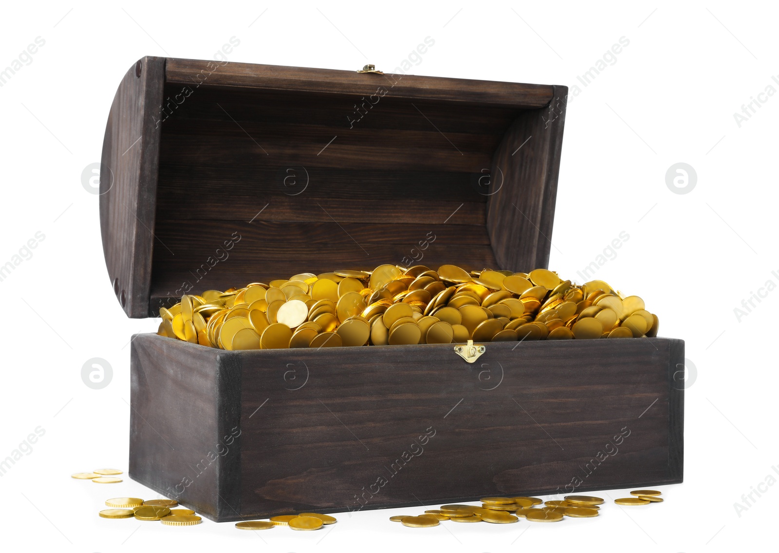 Image of Open treasure chest with gold coins isolated on white