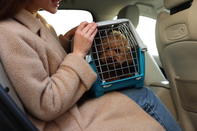 Photo of Smiling woman with pet carrier travelling with her dog by car, closeup