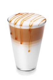 Glass of tasty caramel macchiato on white background