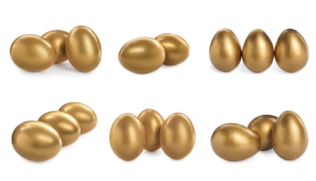 Set with shiny golden eggs on white background