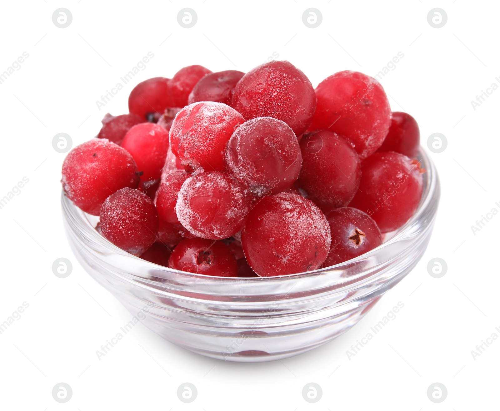 Photo of Frozen red cranberries in bowl isolated on white