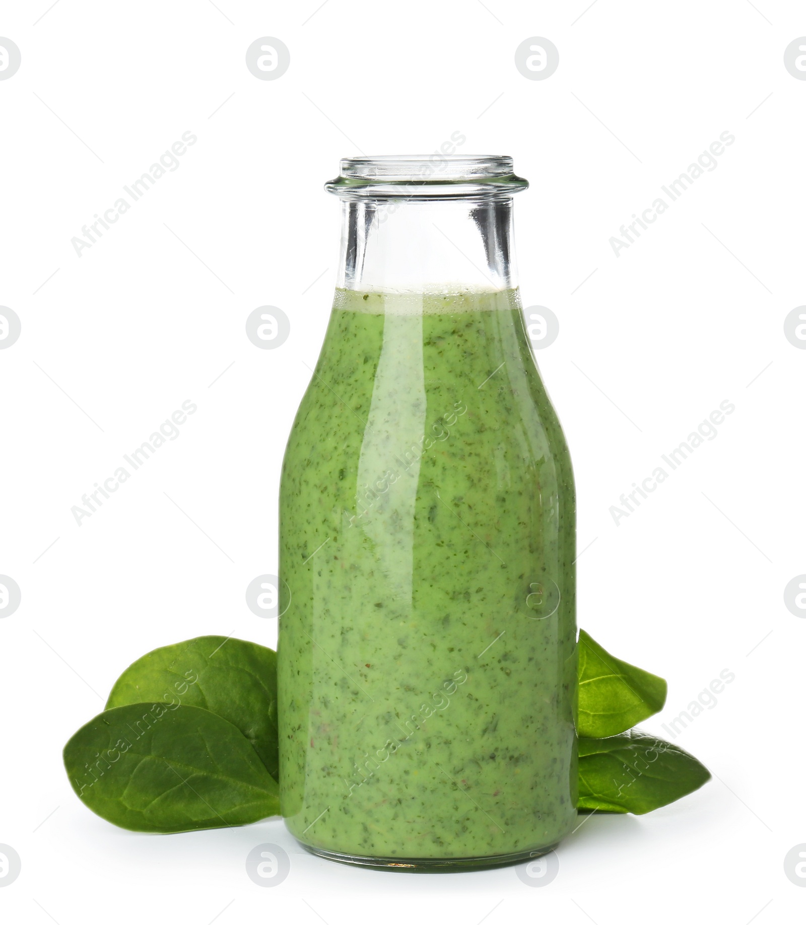 Photo of Bottle with delicious detox smoothie on white background