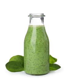 Bottle with delicious detox smoothie on white background