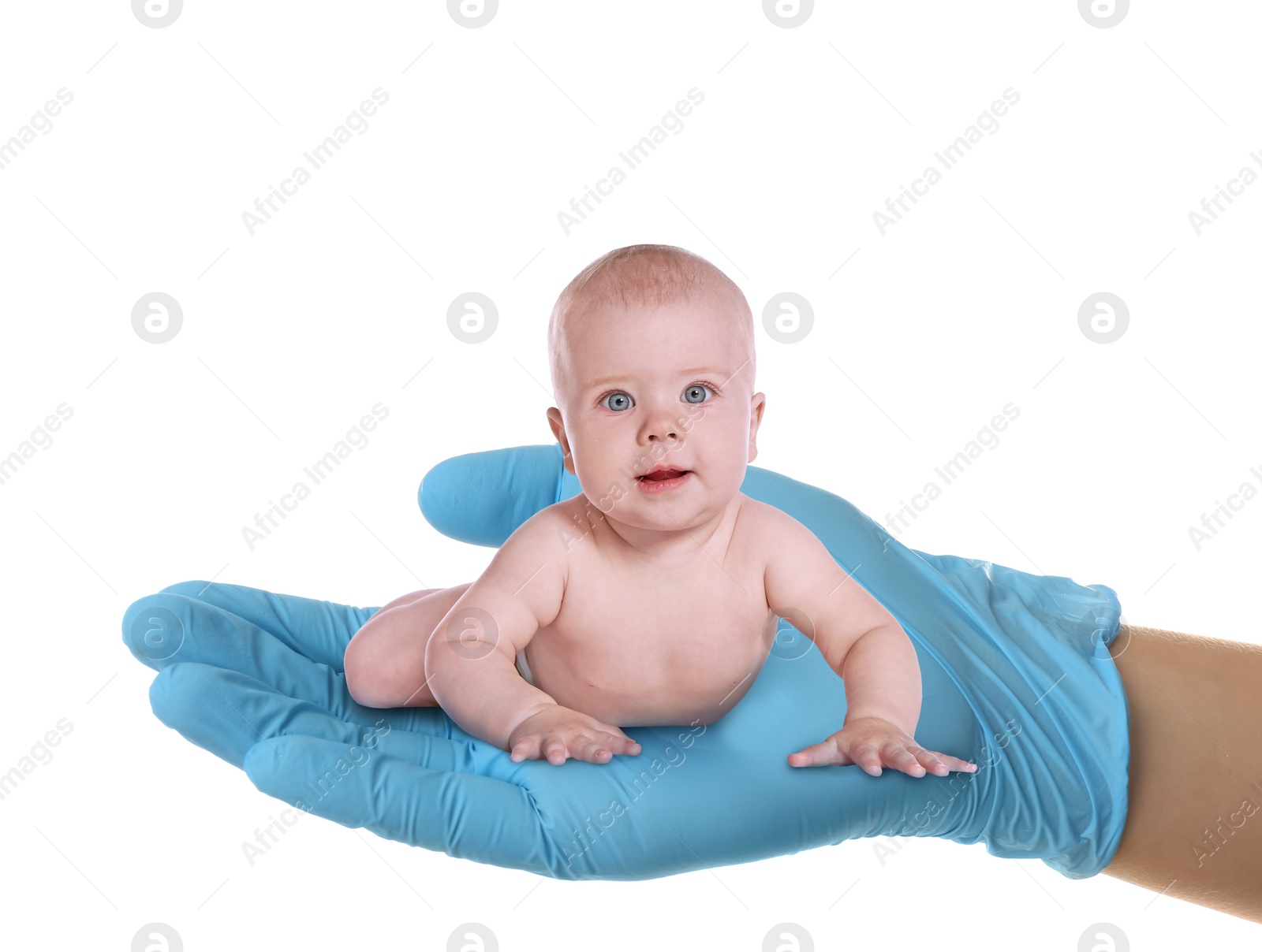 Image of Surrogacy concept. Doctor holding cute little baby on white background, closeup