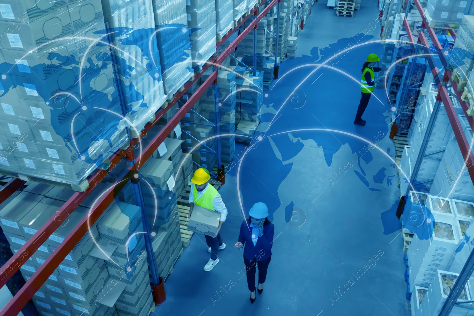 Image of Worldwide logistics. Manager and workers at warehouse and illustration of map, above view