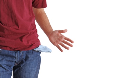 Photo of Man showing empty pocket on white background, closeup with space for text