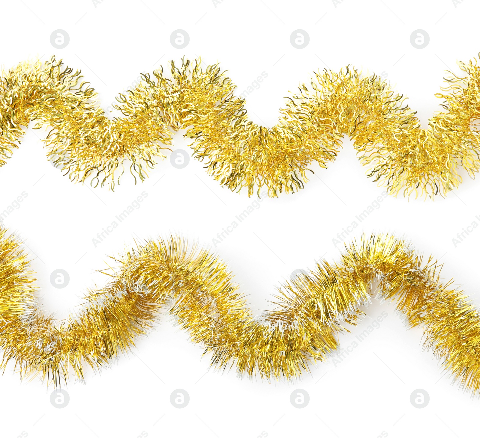 Image of Shiny golden tinsels on white background, collage. Christmas decoration