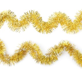 Image of Shiny golden tinsels on white background, collage. Christmas decoration