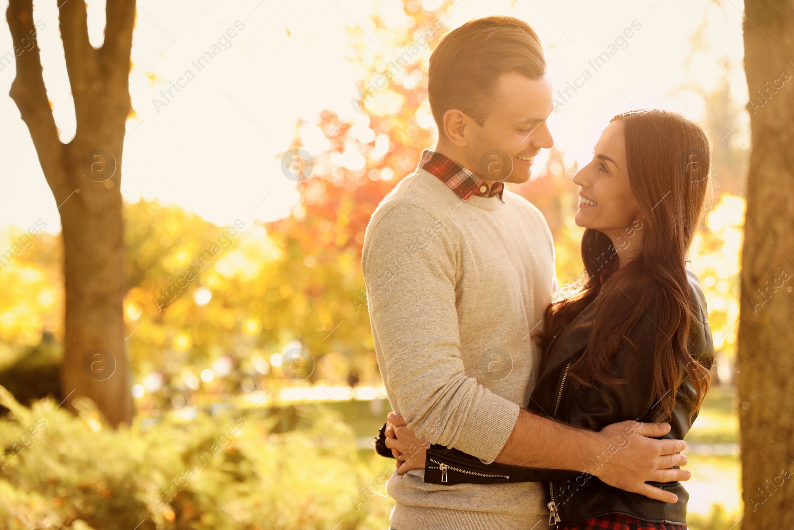 Photo of Happy couple in sunny park. Autumn walk