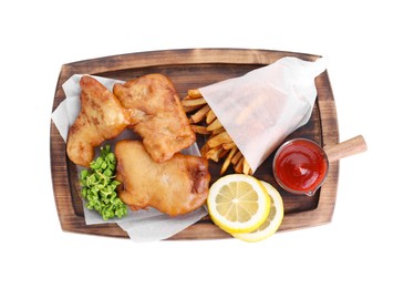 Tasty fish, chips, sauce and peas isolated on white, top view