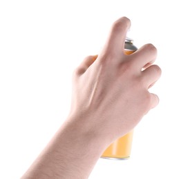 Photo of Man with can of spray paint on white background, closeup