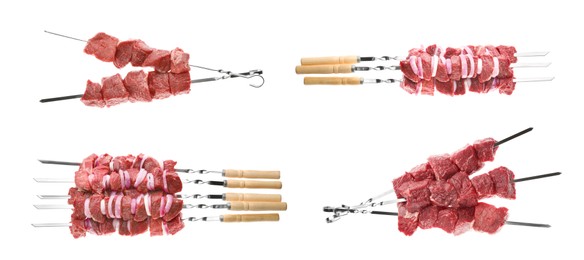 Metal skewers with raw meat on white background, collage. Banner design