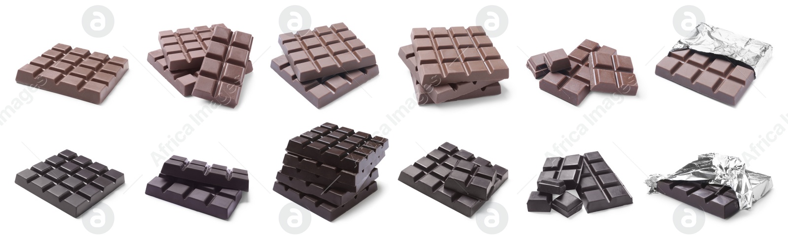 Image of Set with different chocolate bars on white background. Banner design