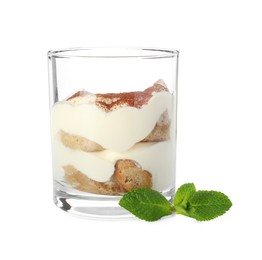 Photo of Delicious tiramisu in glass and mint leaves isolated on white