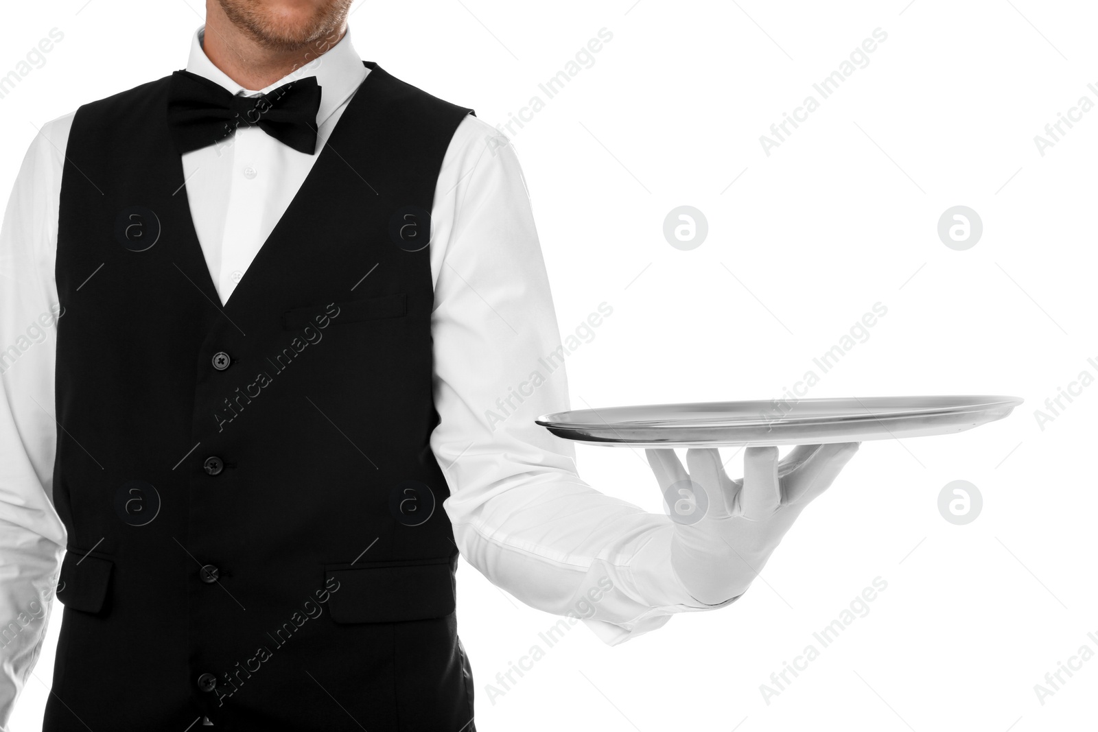 Photo of Waiter holding metal tray on white background, closeup