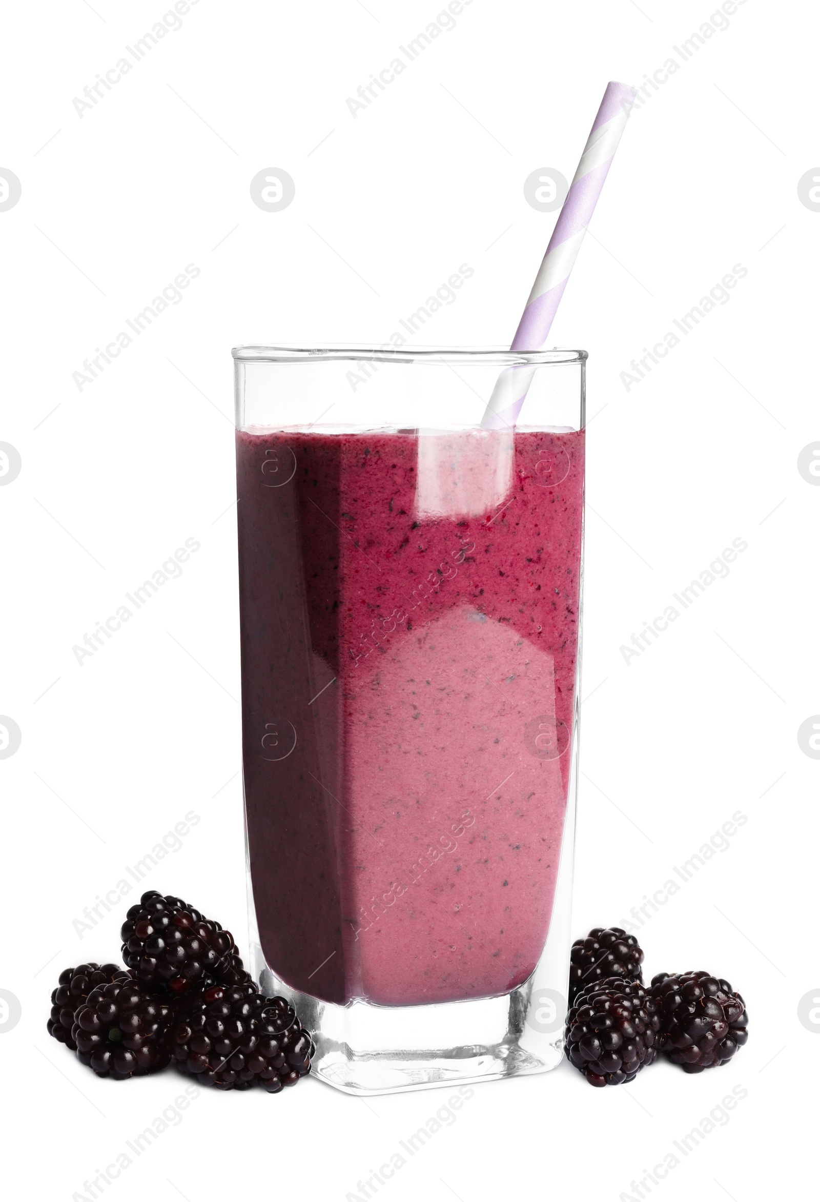 Photo of Glass of tasty blackberry smoothie and fresh fruits on white background