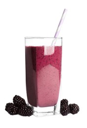 Photo of Glass of tasty blackberry smoothie and fresh fruits on white background