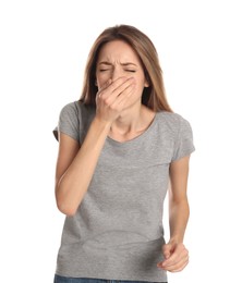 Photo of Woman suffering from nausea on white background. Food poisoning
