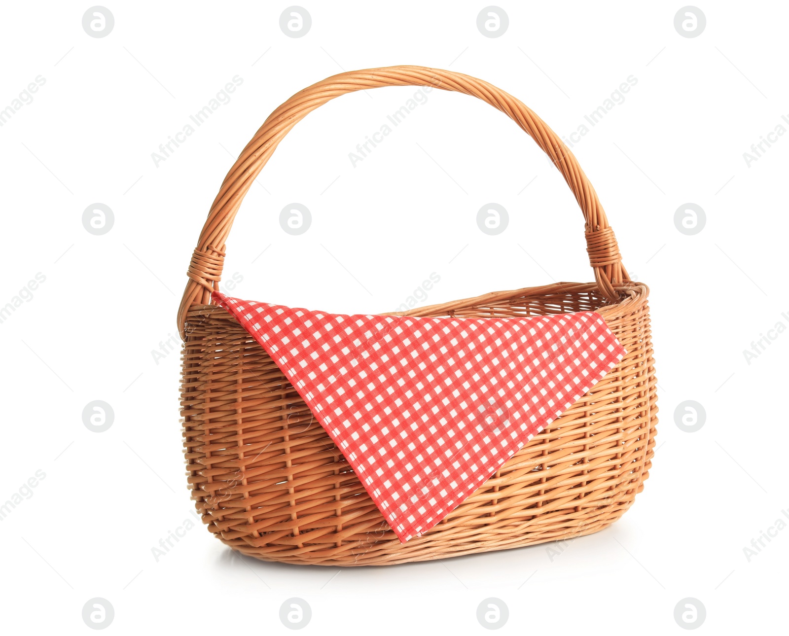 Photo of Empty picnic basket with checkered cloth isolated on white