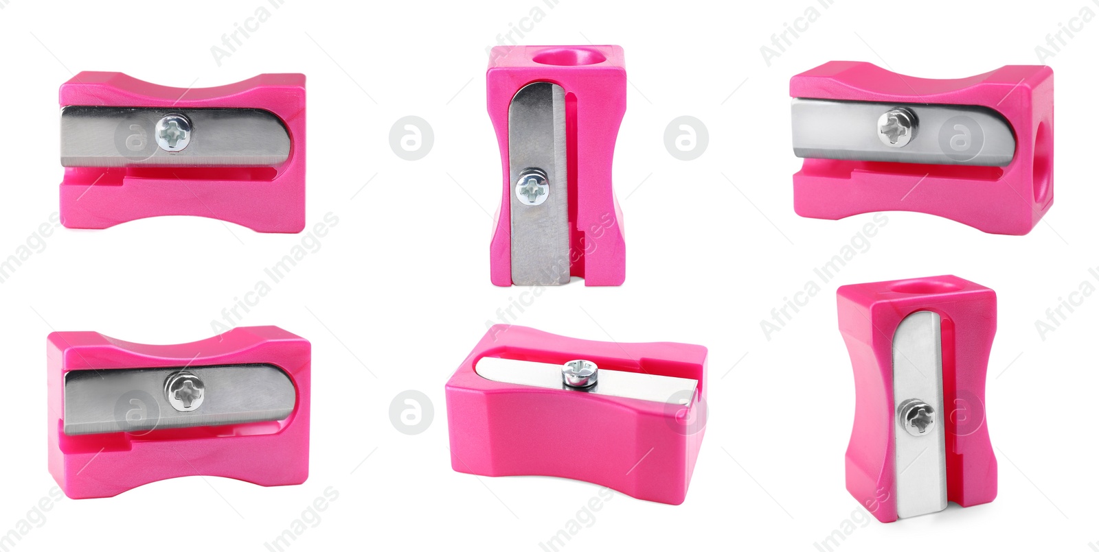 Image of Set with pink pencil sharpeners on white background. Banner design