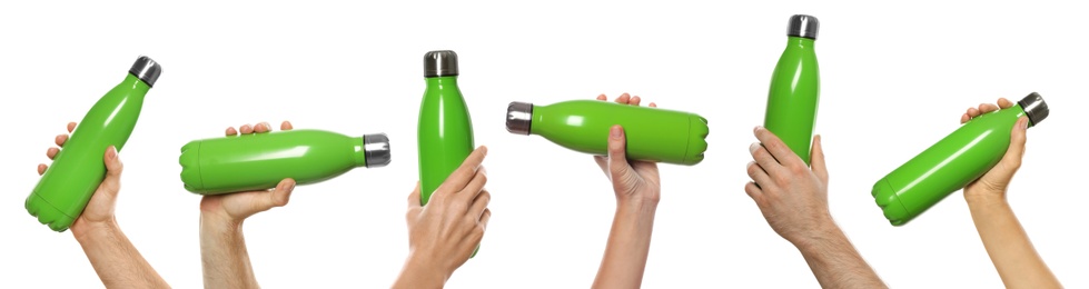 People holding green thermos bottles, collage of photos on white background. Banner design 