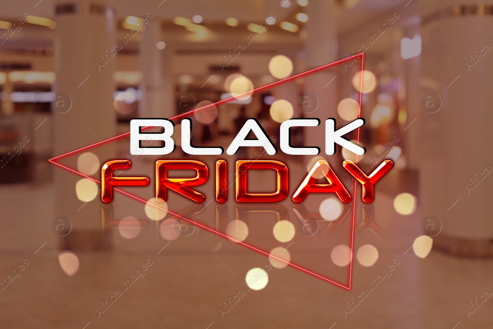 Image of Blurred view of big modern shopping mall. Black Friday Sale