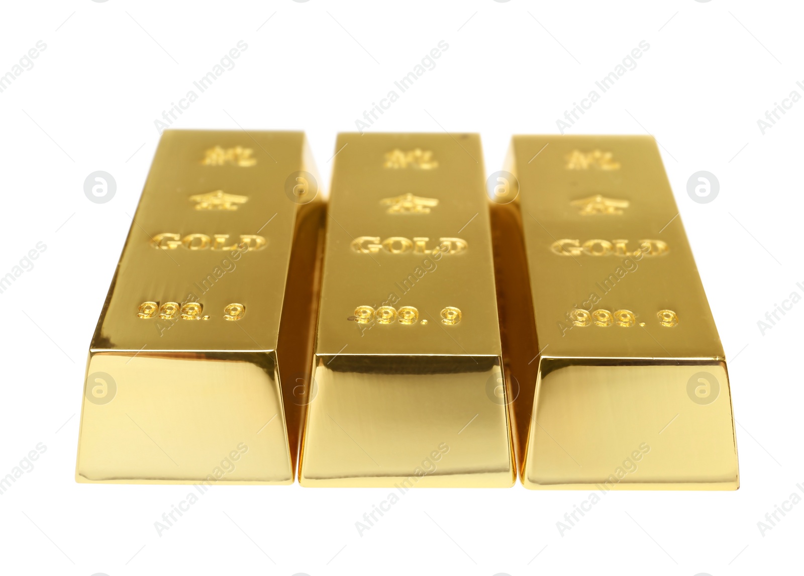 Photo of Precious shiny gold bars on white background