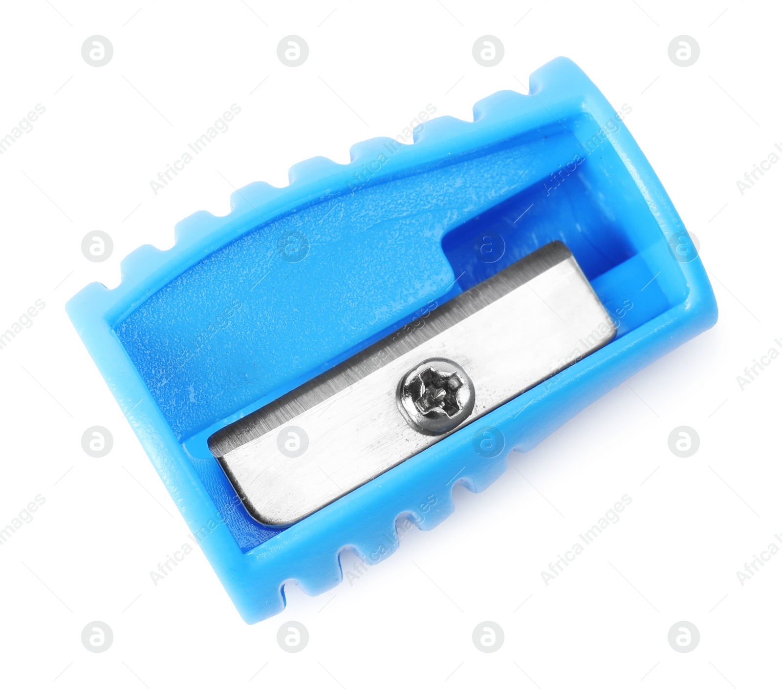 Image of Bright blue pencil sharpener isolated on white, top view. School stationery