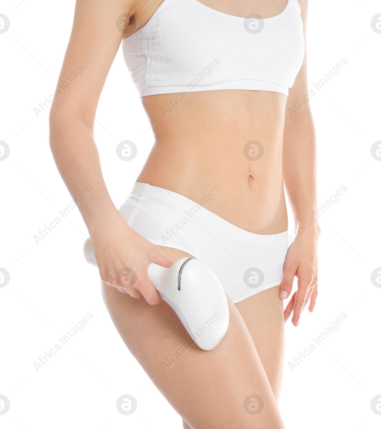 Photo of Woman doing leg epilation procedure isolated on white, closeup