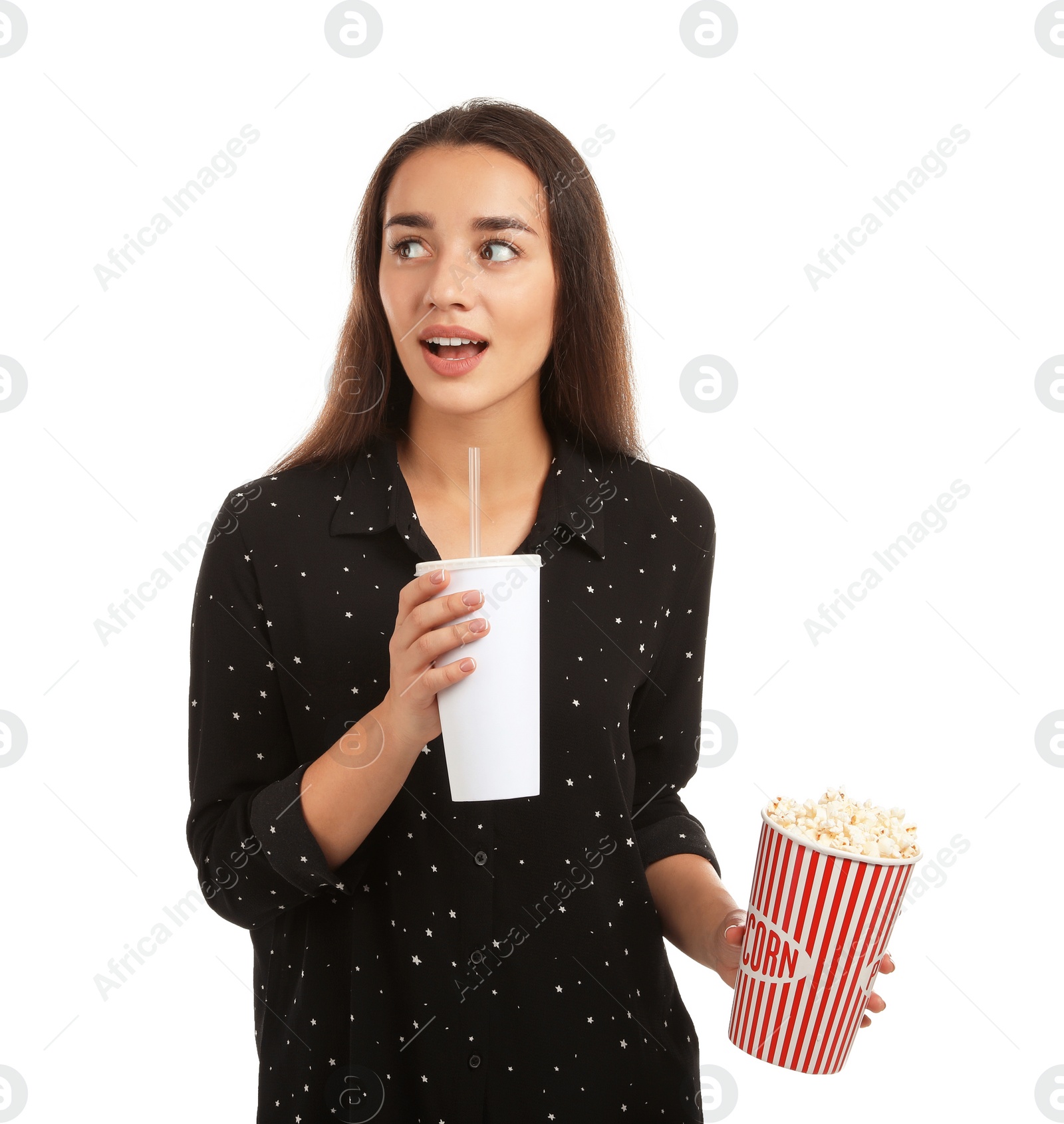 Photo of Emotional woman with popcorn and beverage during cinema show on white background