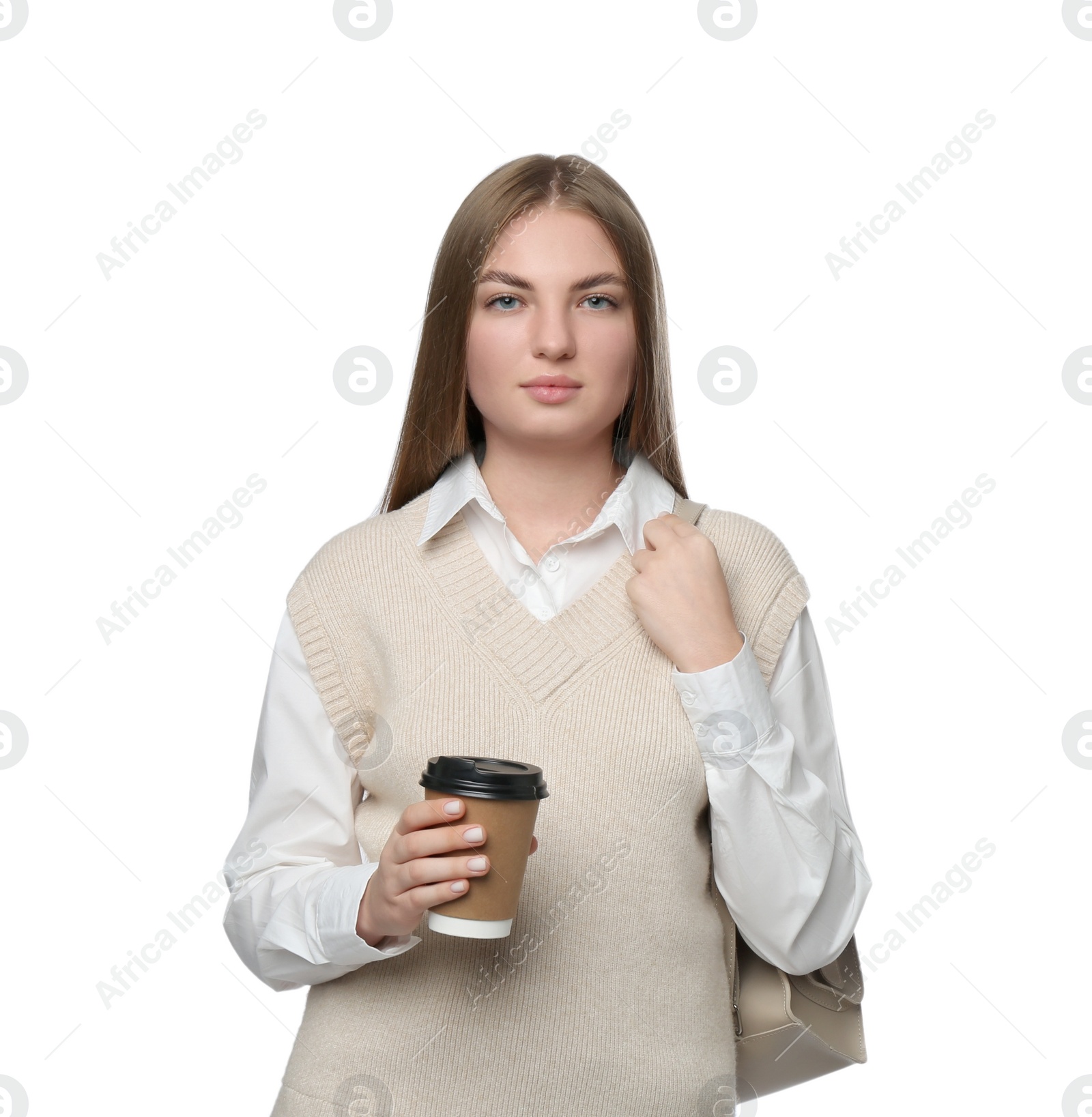 Photo of Teenage student with backpack and paper cup of coffee on white background