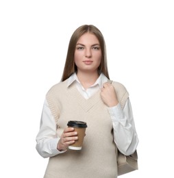 Teenage student with backpack and paper cup of coffee on white background