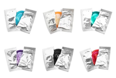 Image of Set with condoms in torn packages on white background, top view 