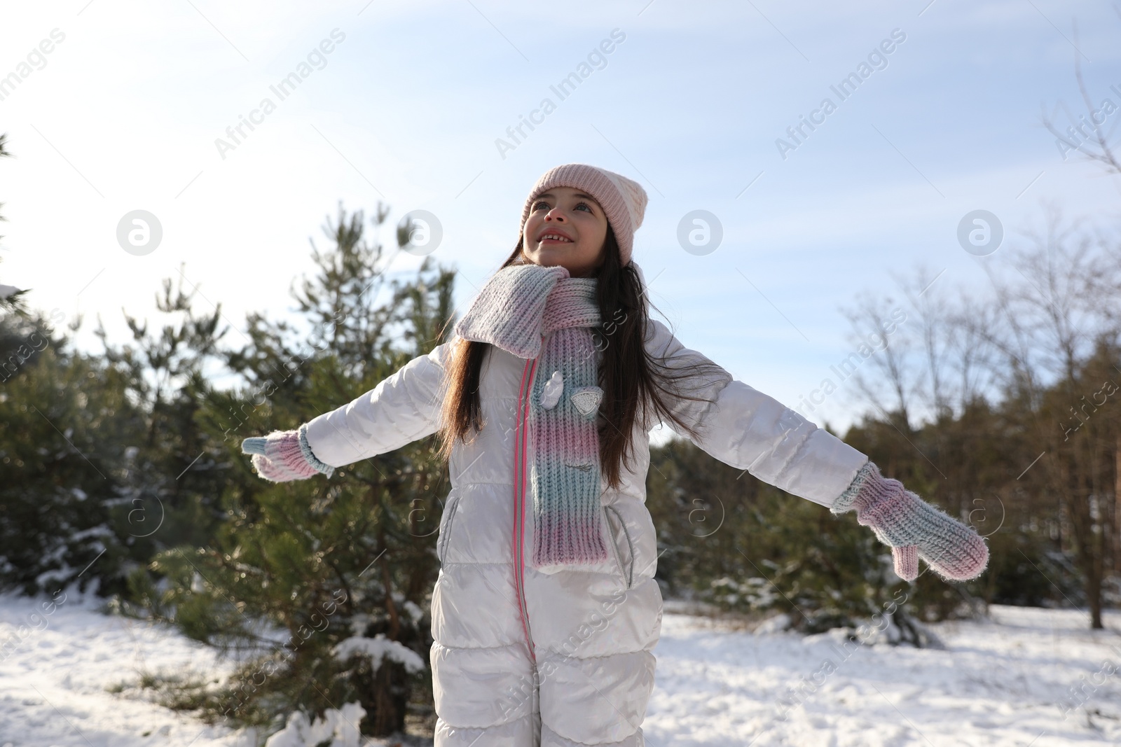 Photo of Cute little girl outdoors on winter day. Christmas vacation