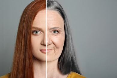 Image of Changes in appearance during aging. Portraitwoman divided in half to show her in younger and older ages. Collage design on light grey background