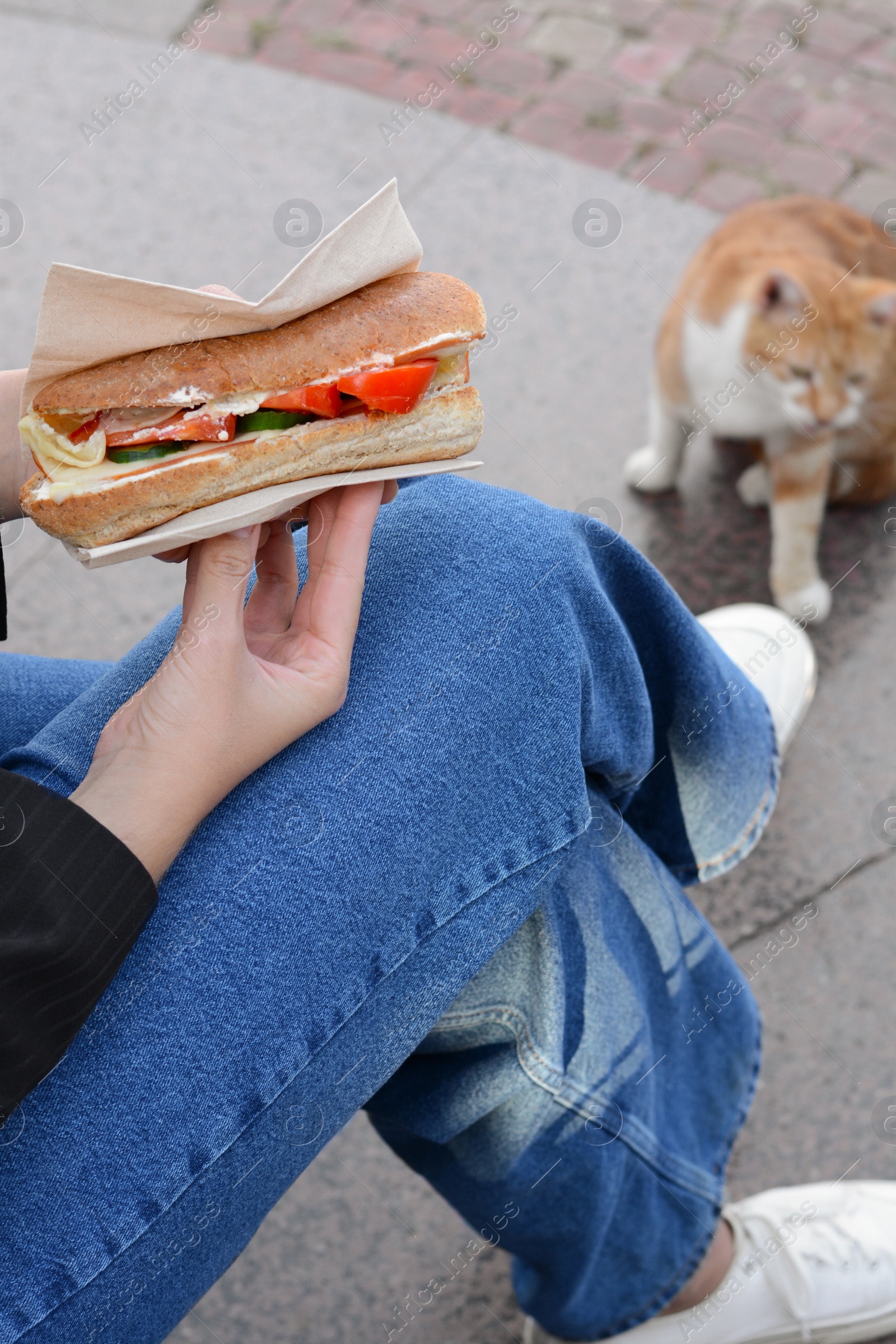 Photo of Woman holding tasty sandwich with vegetables outdoors, closeup. Street food